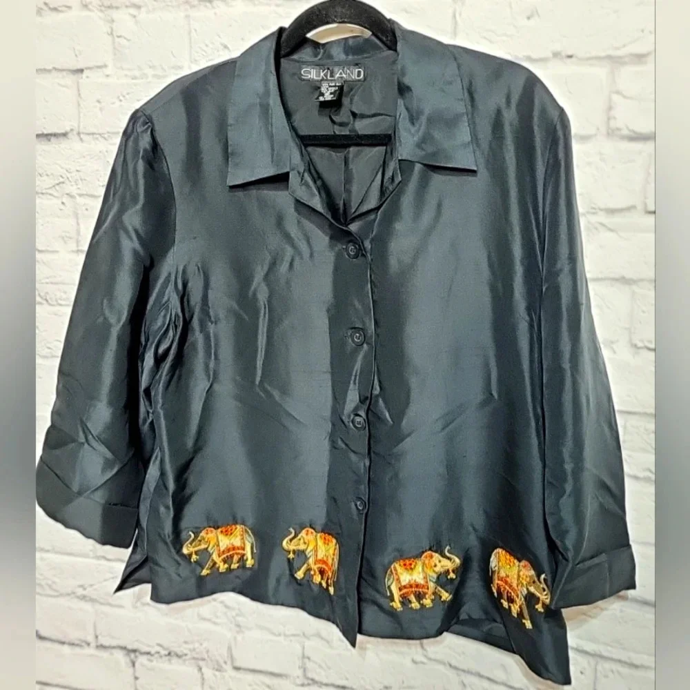 SILKLAND 100% Silk Black Jacket Button Up Embroidered Elephants Size‎ 16 Women's