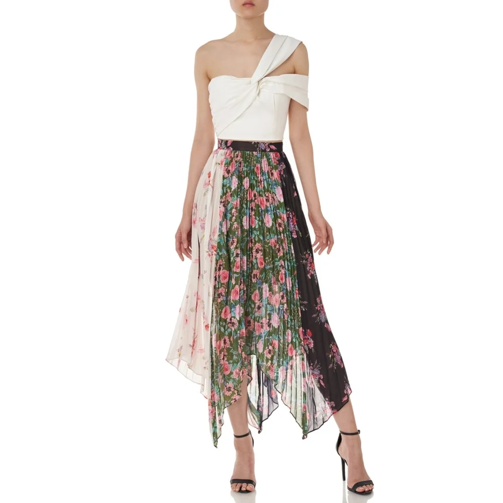 Amur Mica Skirt Tri Color Floral Pleated Hankerchief Hem Midi Skirt 4