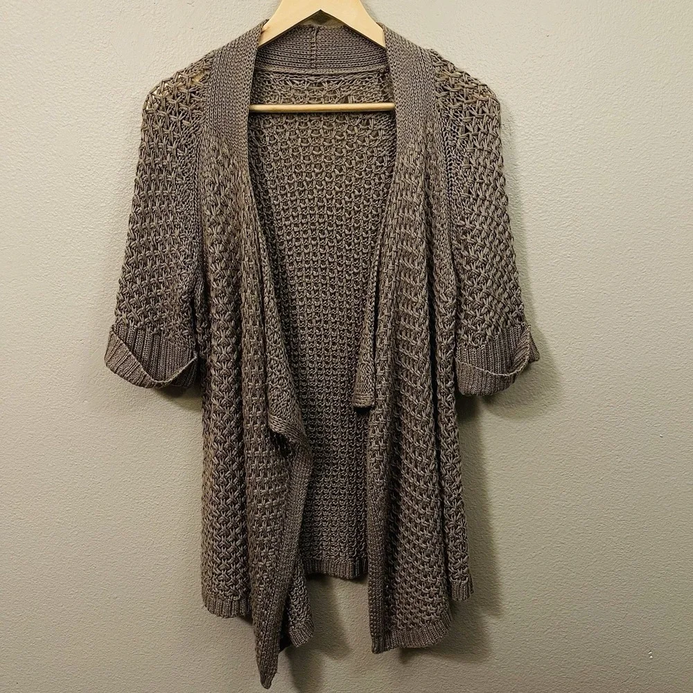 Asymmetrical Chunky Knit Cardigan Short Sleeve Beige Brown Goblincore Sz S -READ