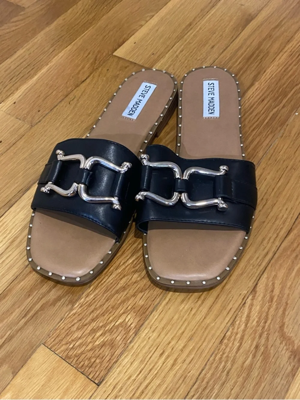 Steve Madden Black Slide Sandals with Silver Accent