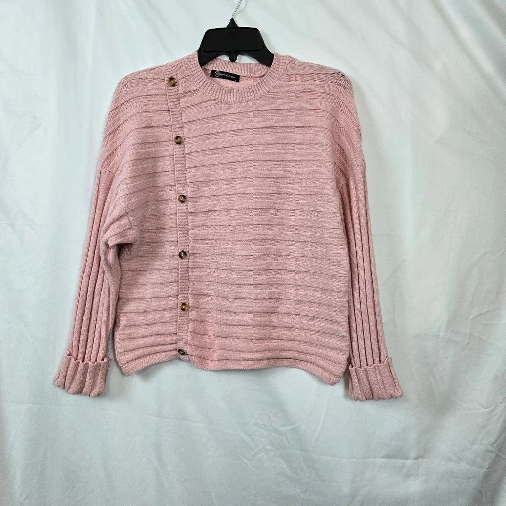Pretty Garden Women's Pink Long‎ Sleeve Crewneck Button Casual Knit Sweater M
