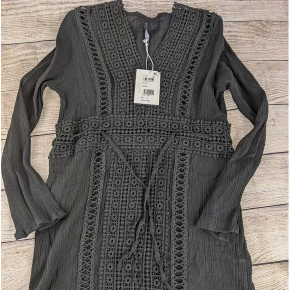 Raviya‎ Crochet Tunic Swimsuit Cover-Up Size Large Black Long Sleeve NEW