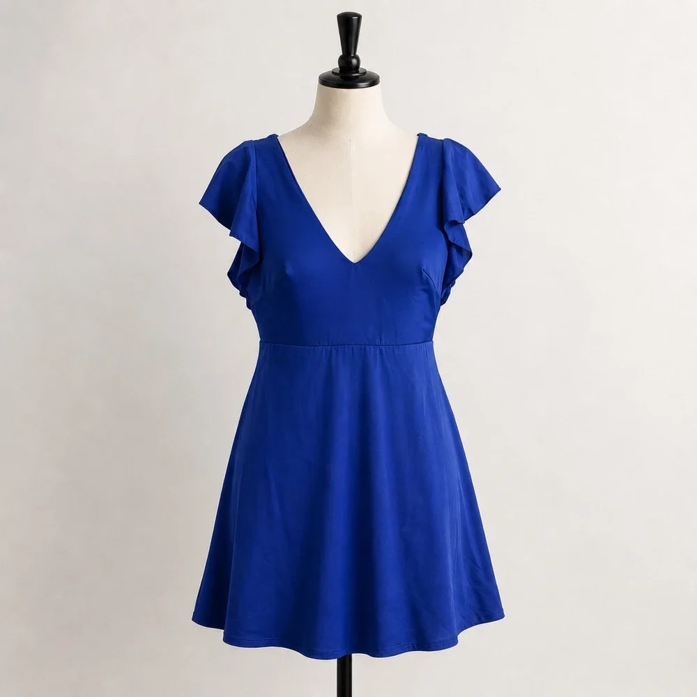 $98 New‎ Cacique Women Royal Blue Ruffle Sleeve Swim Dress One Piece Size 22