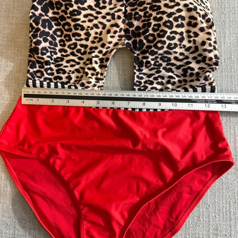 Leopard‎ Print Cut Out One Piece Swimsuit Red Bottom Striped Waistband Monokini