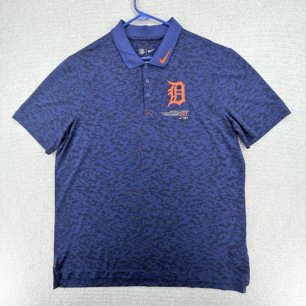 Nike Detroit Tigers Polo Mens XL Dri-FIT MLB Authentic Navy All Over Print