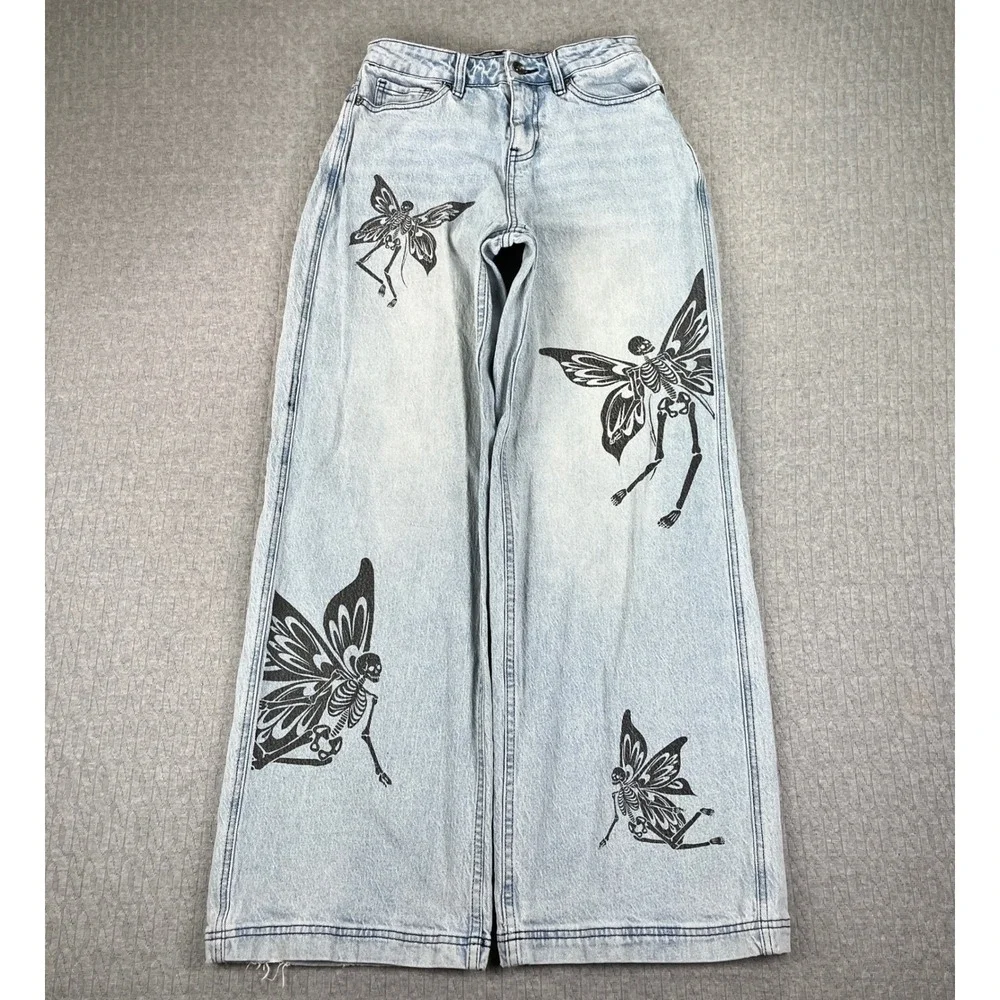 Hot Topic Skeleton Fairy Jeans Women 1/26x30 Light Blue Wide Leg Goth Fairycore