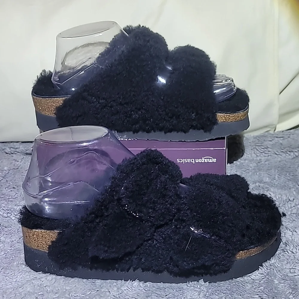 Papillio By Birkenstock Arizona Big Buckle Teddy Black Shearling Sandals‎ Size 8
