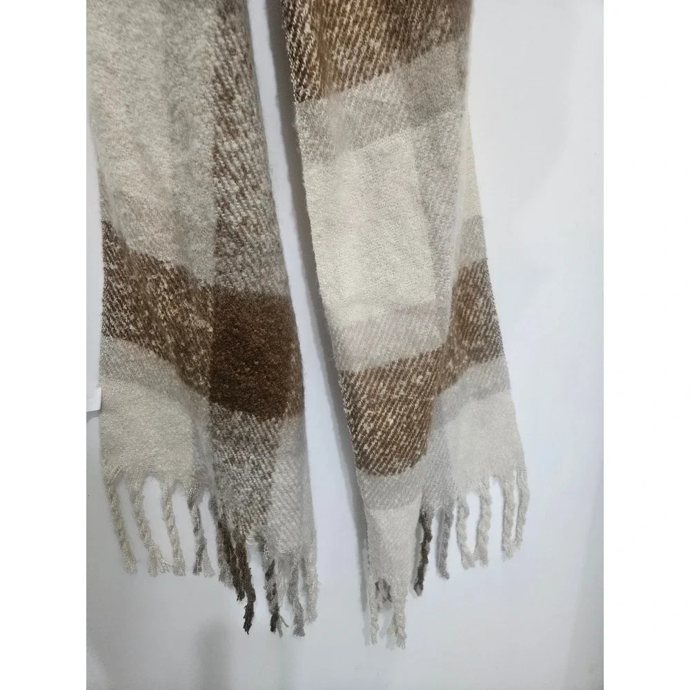 Neutral Plaid Oversized Blanket Scarf Brown Cream Tan Fringe‎ Knit Wrap OS