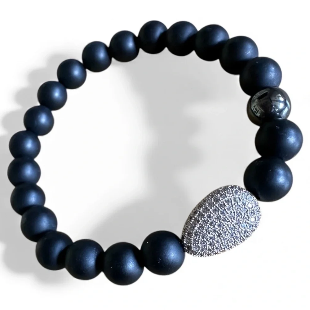 Matte 8mm Onyx w/ Hematite Stretch Bracelet & Pave Silver Crystal Spacer