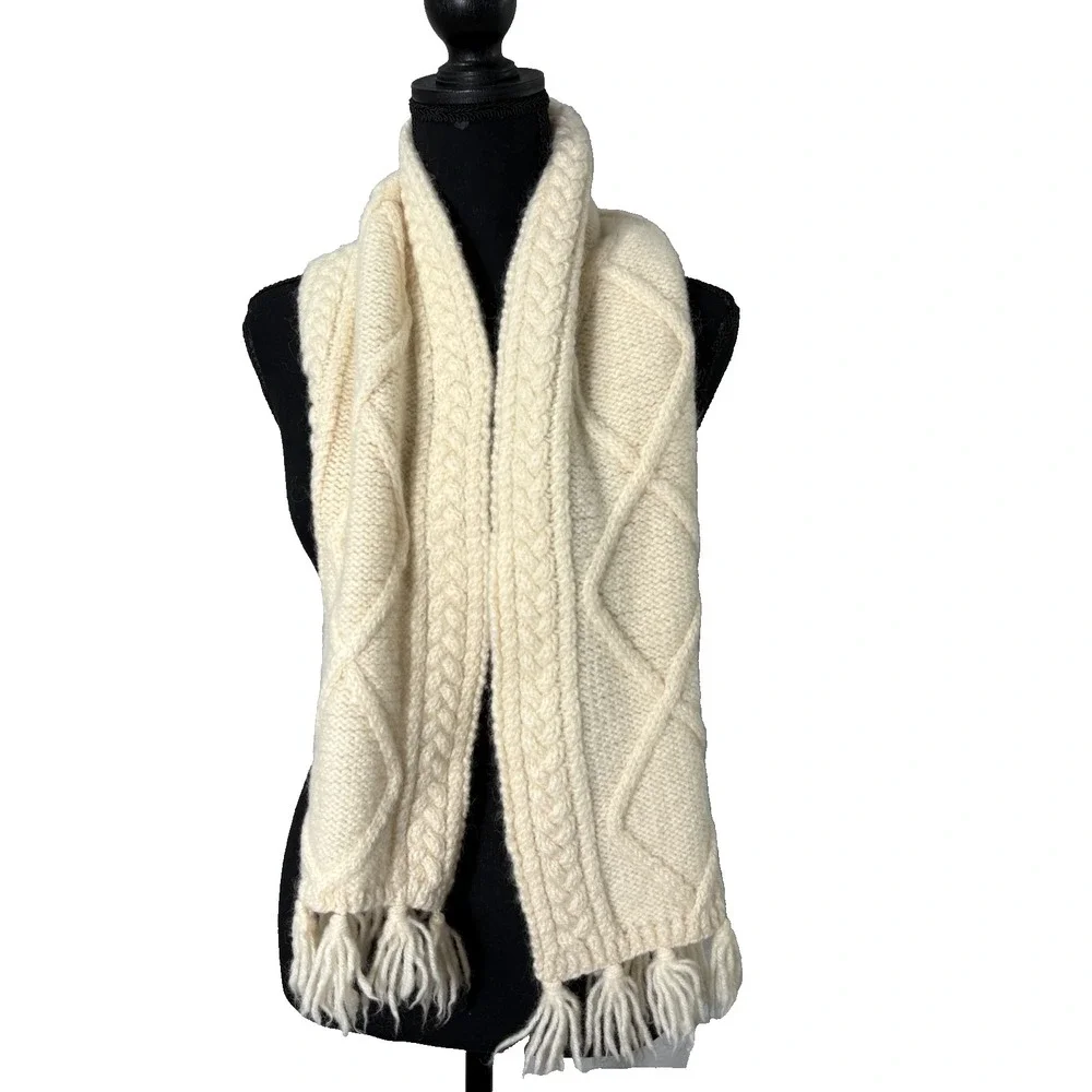 Wool Cable Knit Scarf‎ Chunky Fringe Fisherman Classic Hand Knit