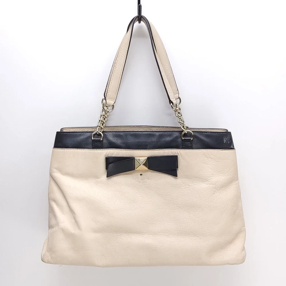 Kate Spade New York‎ Hancock Park Cream Black Leather Bow Tote Shoulder Bag