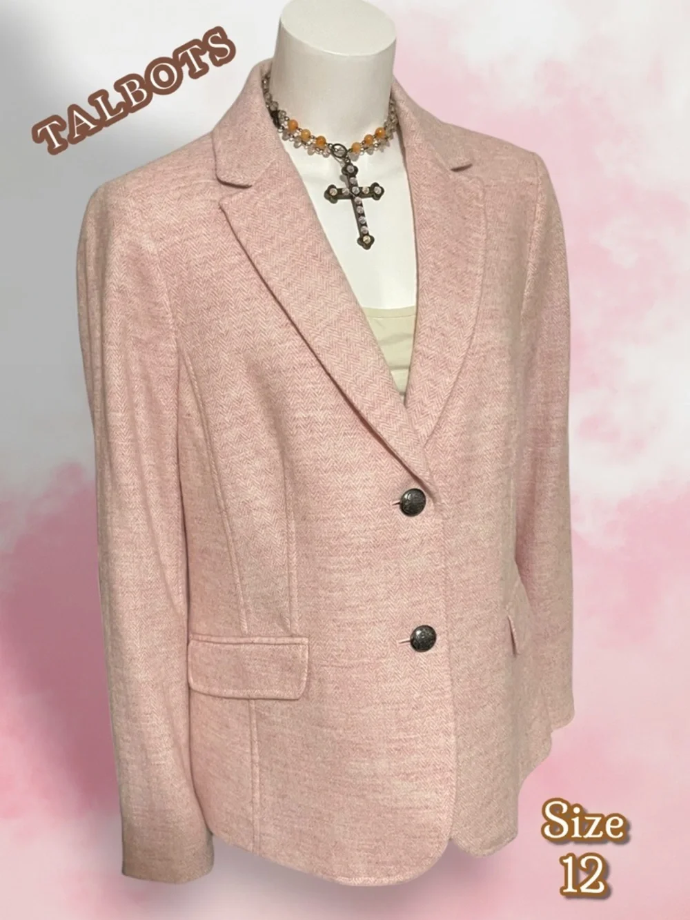Talbots SHETLAND WOOL BLAZER - HEATHERED Houndstooth Size 12 Pink Lined