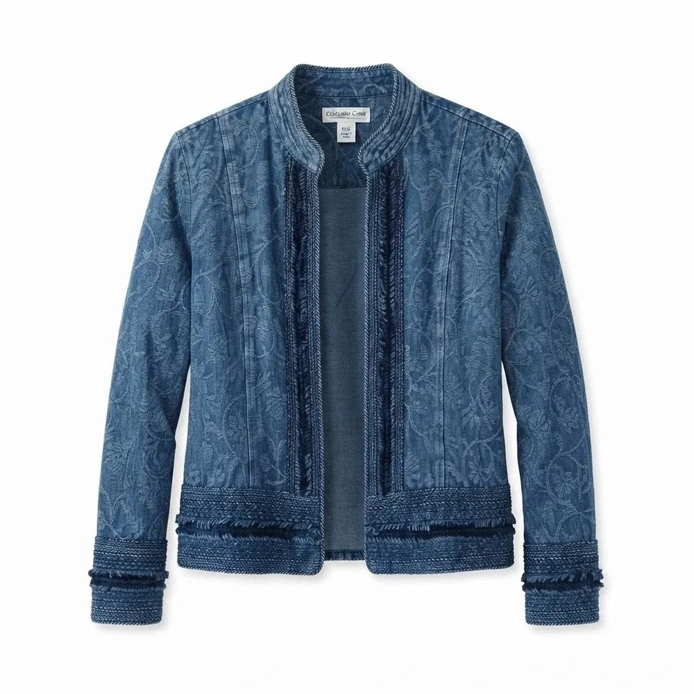 Coldwater Creek Blue Floral Embroidered Open Front Jacket Petite XL PXL - IW