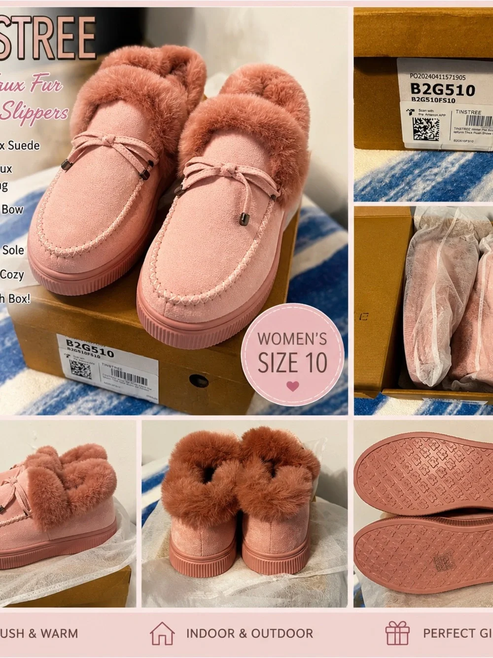 🩷 NWT TINSTREE Pink Faux Fur Lined Slippers | Women’s Size 10🩷