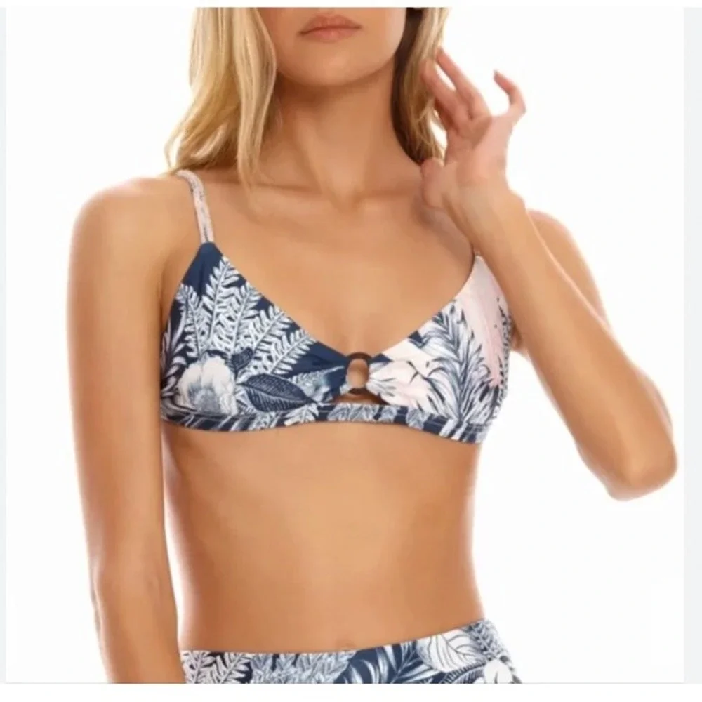 NEW Agua‎ Bendita Peggy Helios Tropical Beaded Bikini Top Navy Pink Size Large