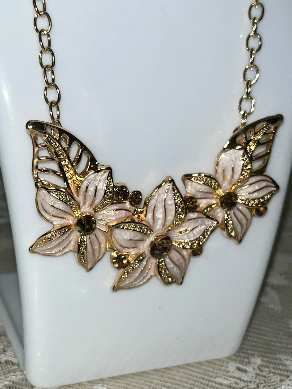Whimsical Floral Rhinestone Statement Necklace NEW