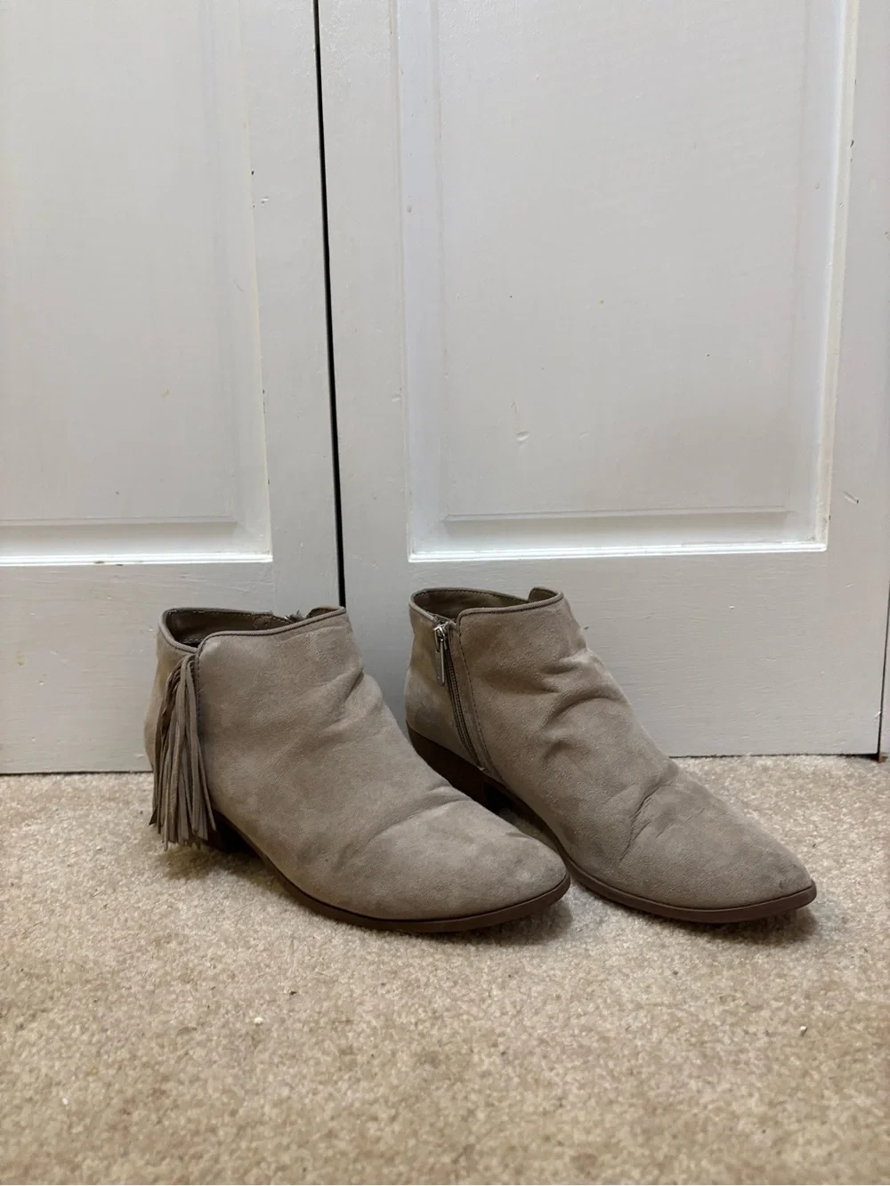 Sam Edelman Suede Tassel Ankle Booties in Taupe