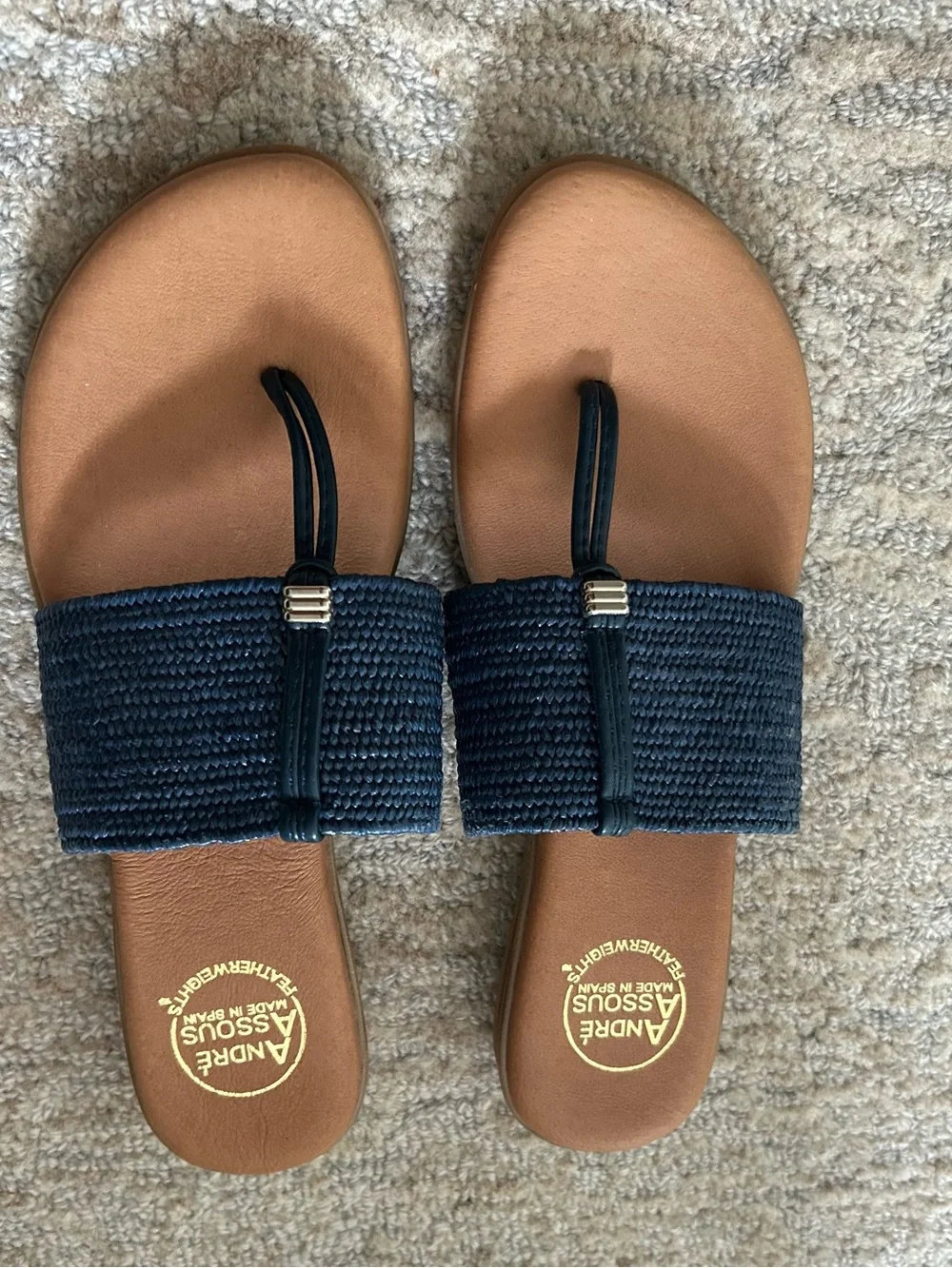 Andre Assous Navy Woven Toe-Loop Slide Sandals with Tan Footbed