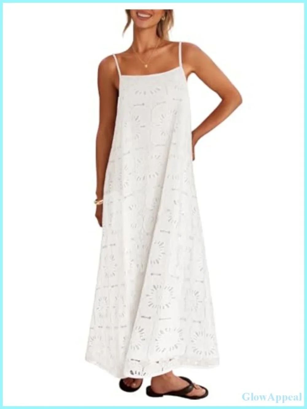 Sleeveless Lace Eyelet Boho Beach Maxi Dress with Pockets