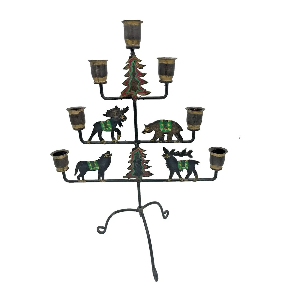 Vtg Handpainted Rustic Cabin Folk Art‎ 7 Taper Candelabra Wildlife Animals