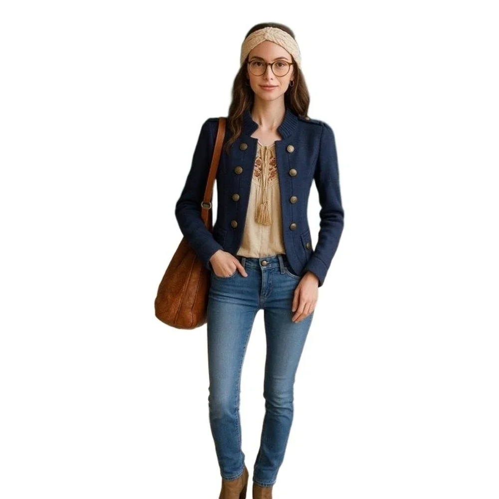 Juicy Couture Jacket Sweater Womens S Navy Blue Military-Style‎ Cashmere Blend