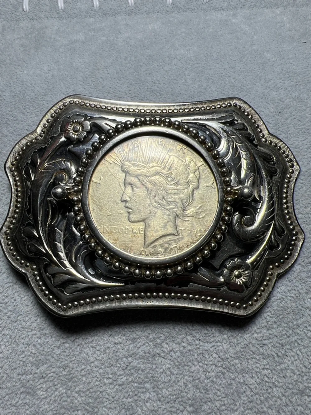 Vintage Western Silver Peace Dollar Belt Buckle