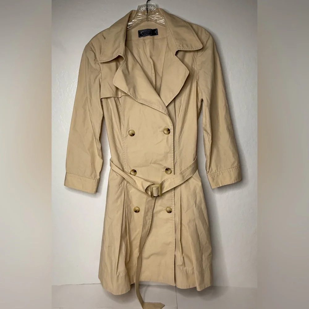 American Living Trench Coat Womens Size 14 Beige Pleated Classic Preppy Khaki PI
