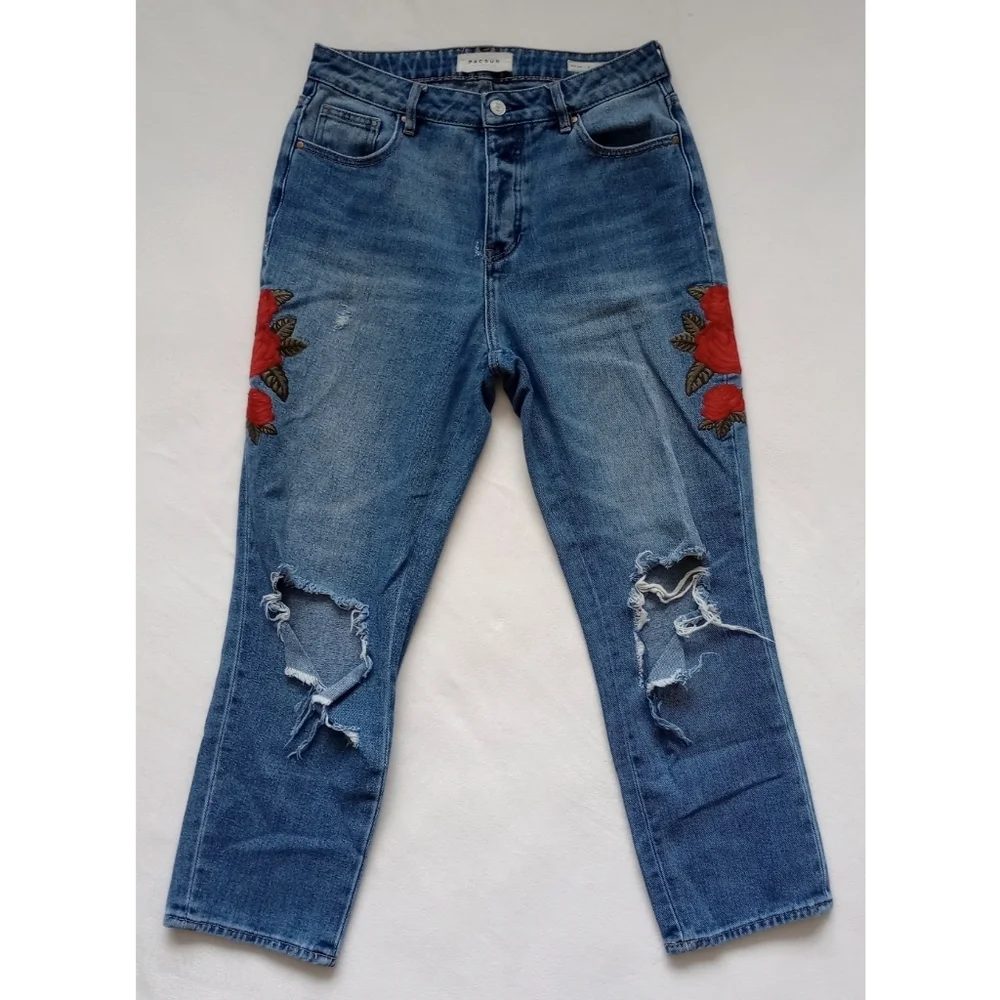 Pacsun▪️Floral Distressed Light Wash Mom Jean Straight Leg Button Fly