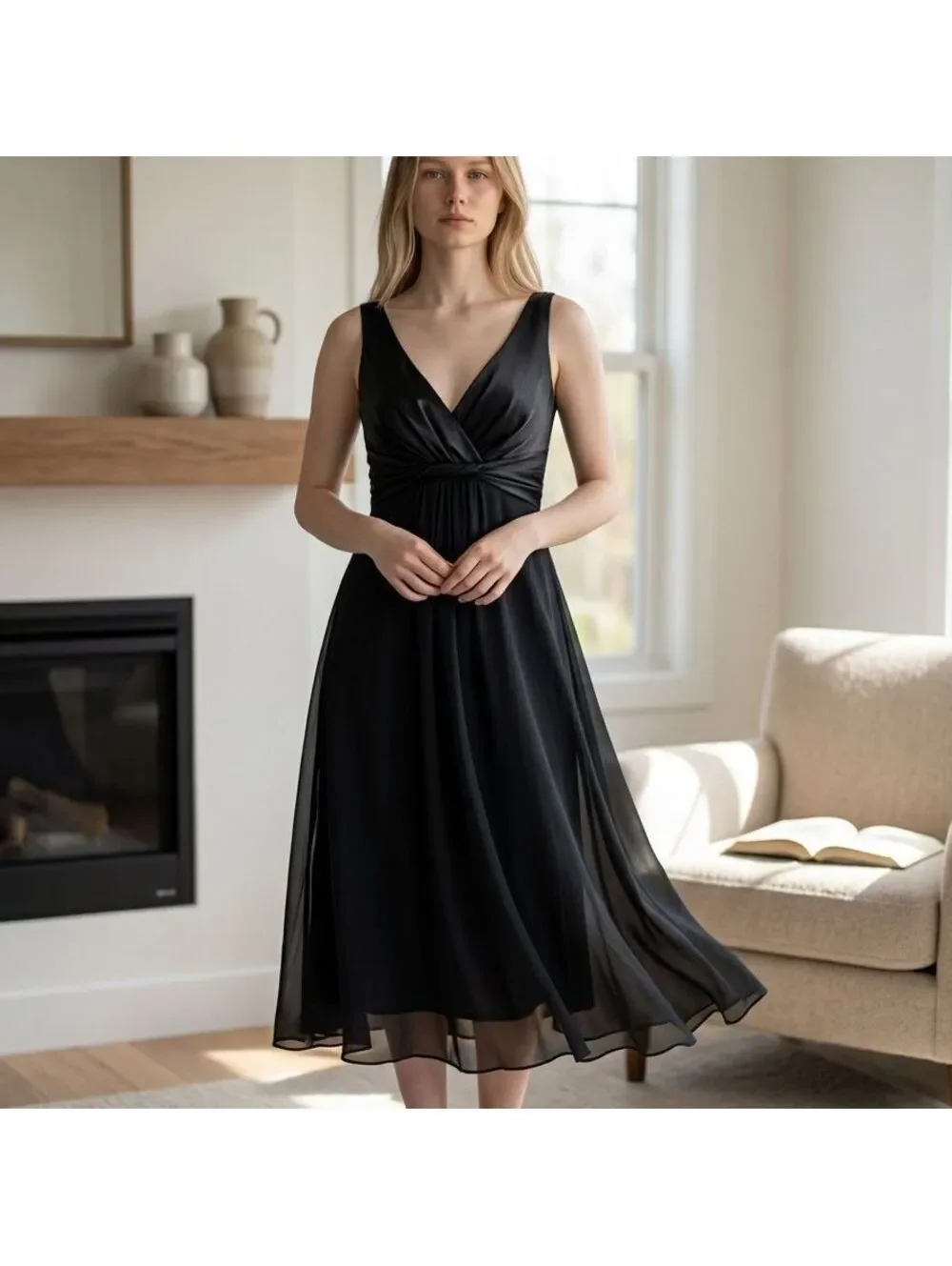 Jones New York Black Sleeveless V-Neck Midi Dress Sz 12  Sheer Overlay Lined