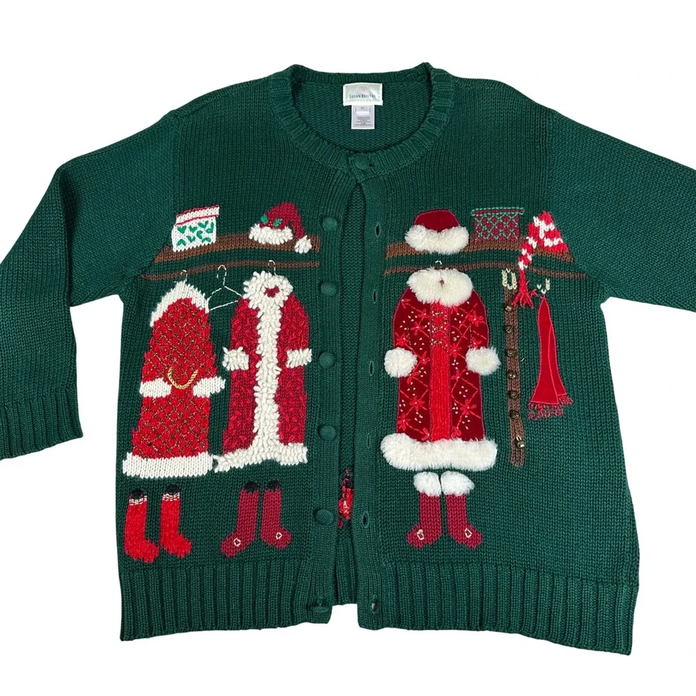 Susan Bristol Vintage 90s Christmas Cardigan Sweater Green Embroidered‎ Novelty