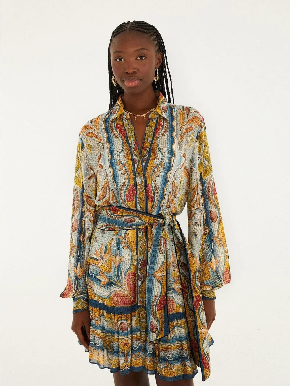 FARM Rio Multicolor Paisley Belted Shirt Dress - Yellow, Blue, Red