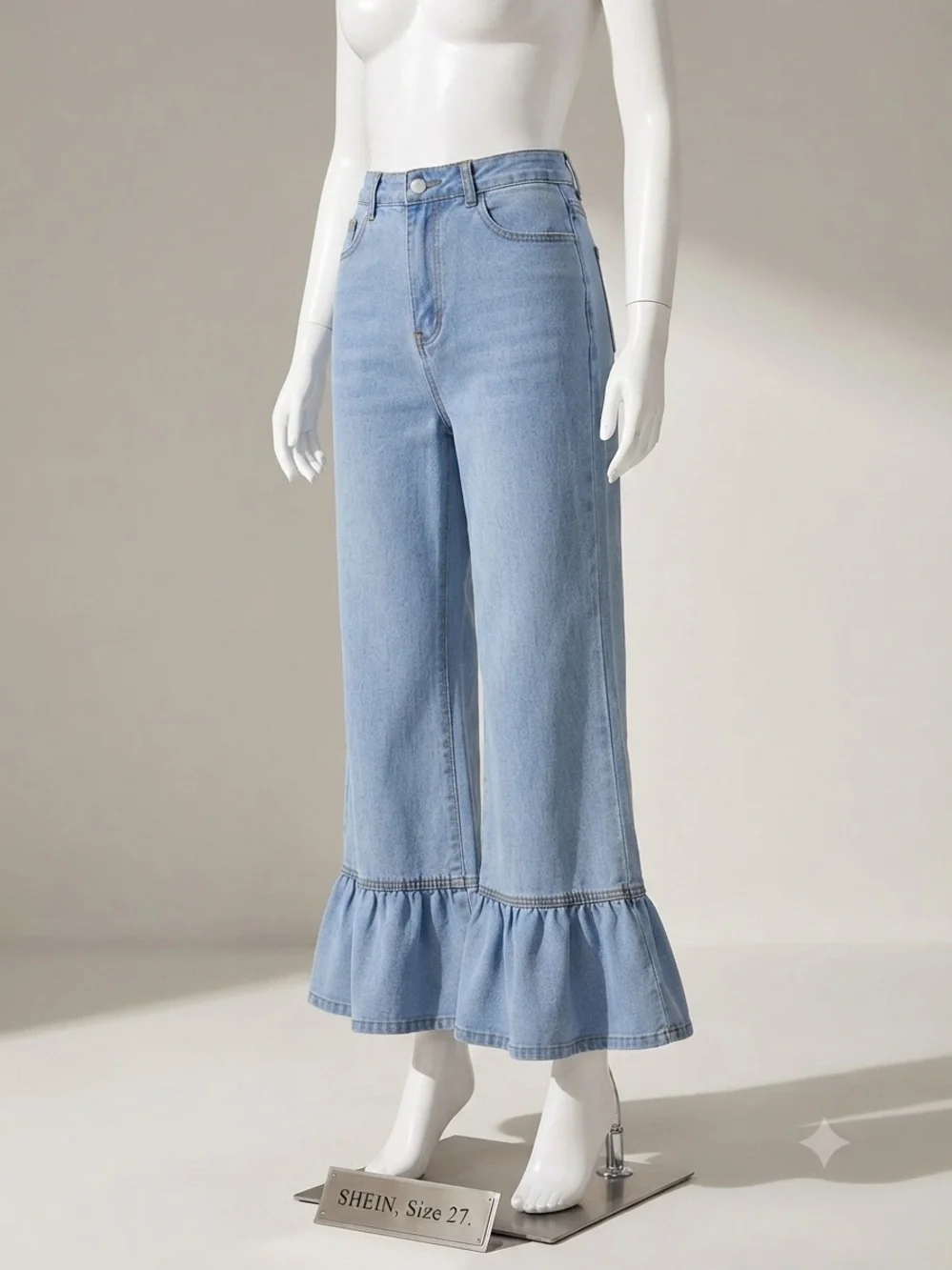SHEIN Light Blue Flared Ruffle-Hem Wide Leg Jeans