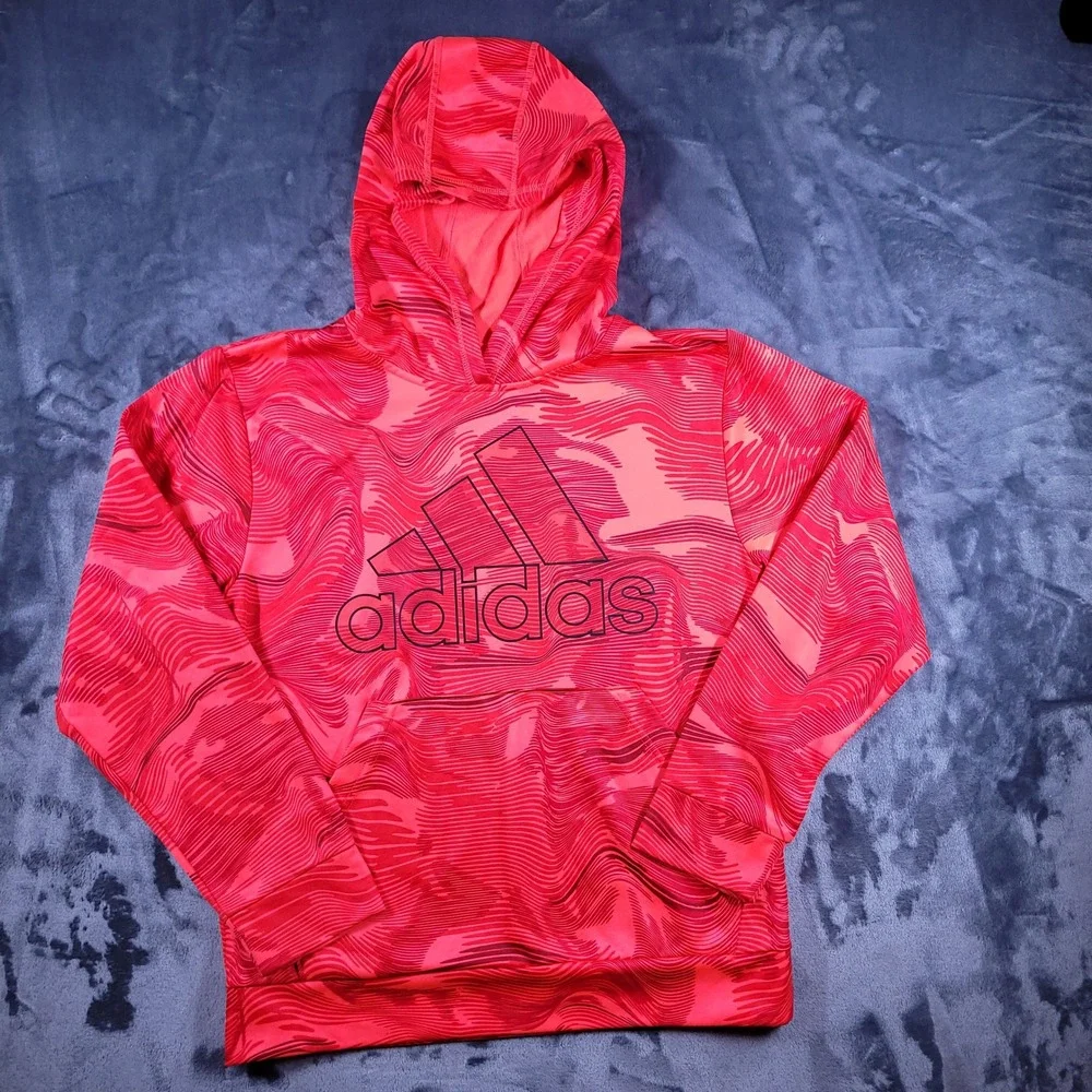 Adidas Boys Red‎ Pink Wavy Graphic Fleece Hoodie Sweatshirt AA7214 Size L 14/16