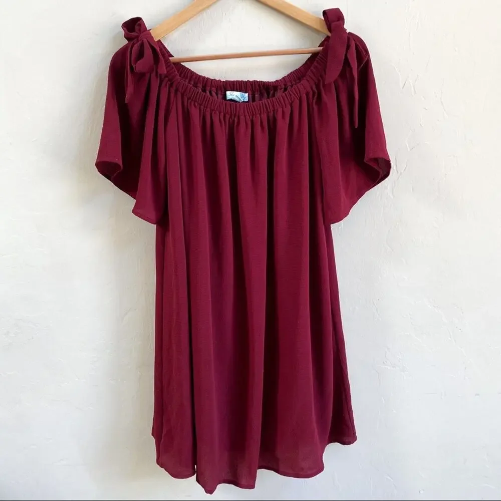 She + Sky Silk Maroon‎ Off The Shoulder Tie Dress