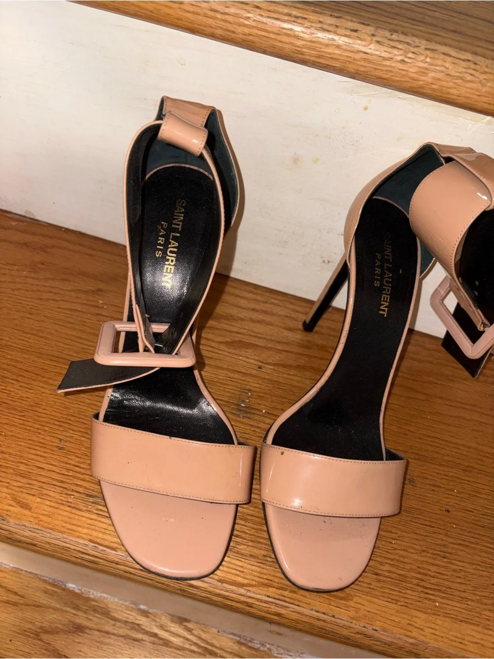 Saint Laurent Blush Patent Leather Ankle Strap Heels