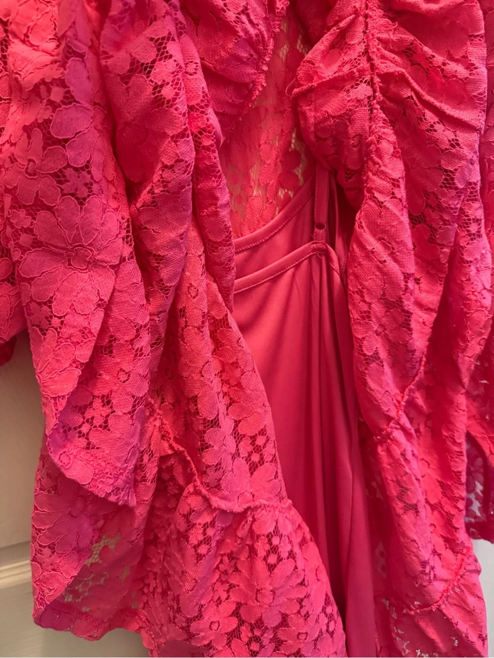Aqua Bright Pink Lace Puff-Sleeve Babydoll Dress