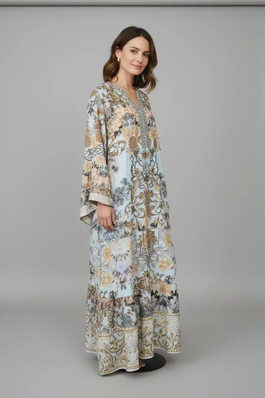 A5 NEW SOFT SURROUNDINGS Pastel Blue Floral Print Beaded Baroque Maxi Dress Sz L