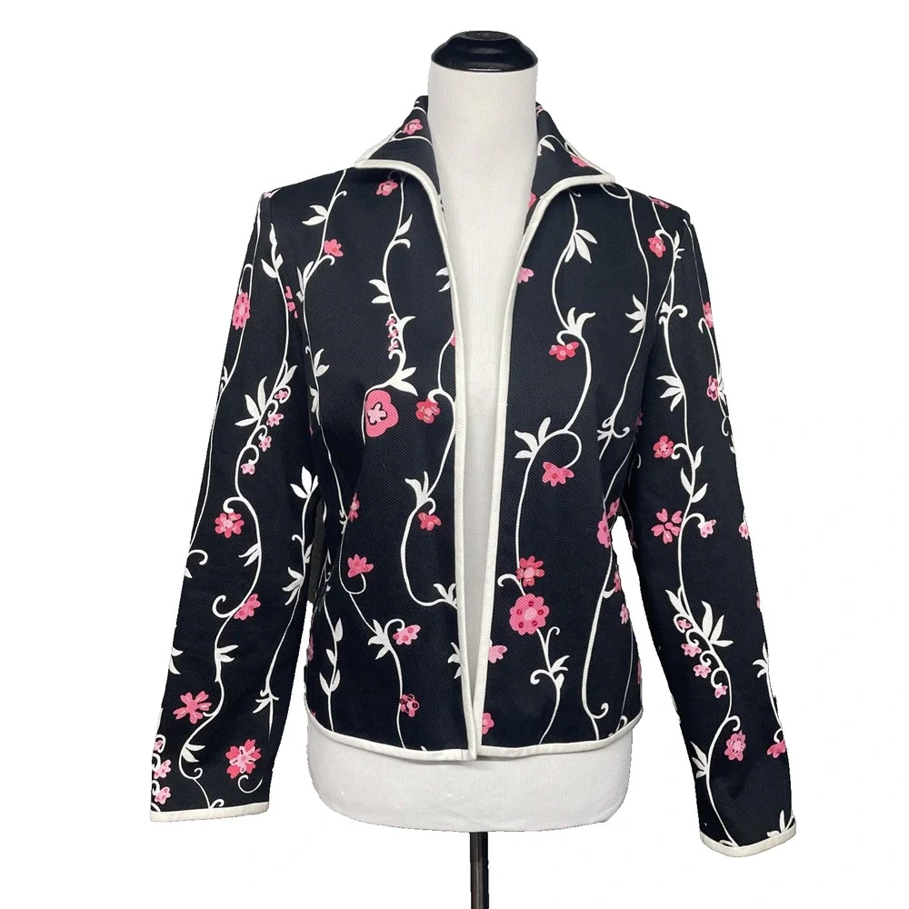 Peck & Peck Floral Blazer Jacket Sz 6 Black Pink Embroidered Sequin Career Lined