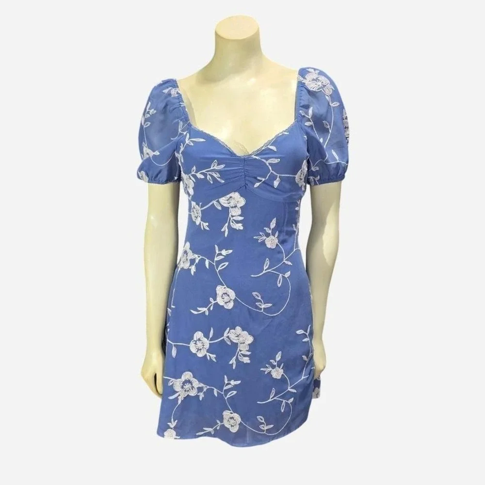 Altar'd‎ State Floral Mini Dress Womens XS Blue Puff Sleeve Cottagecore