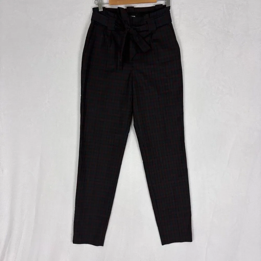 Express Maroon & Blue Plaid Ankle High‎ Rise Dress Pants Size 2 Long