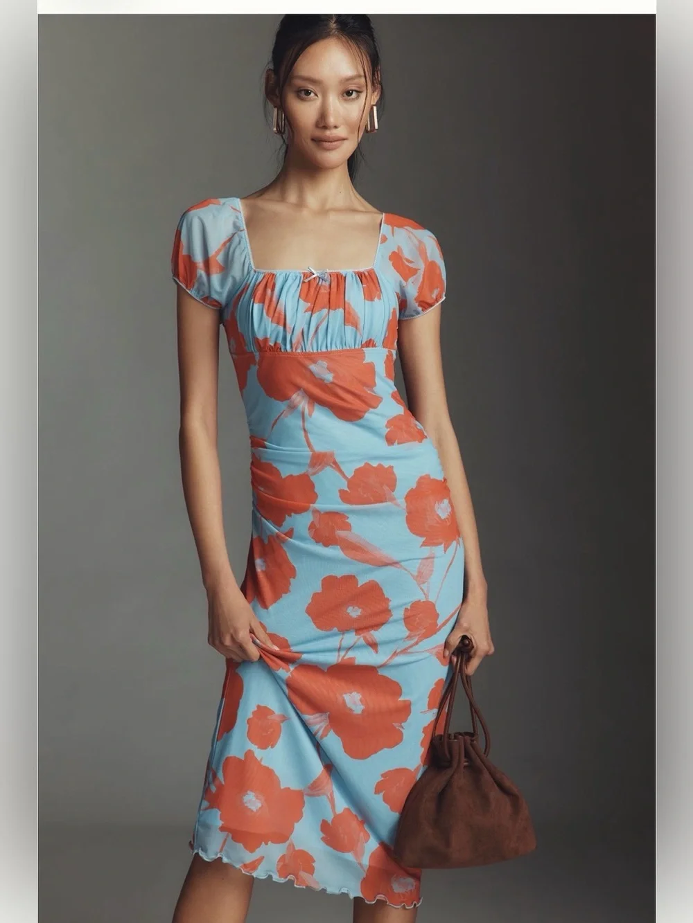 NWOT Maeve  blue & Orange Floral Square-Neck Midi Dress