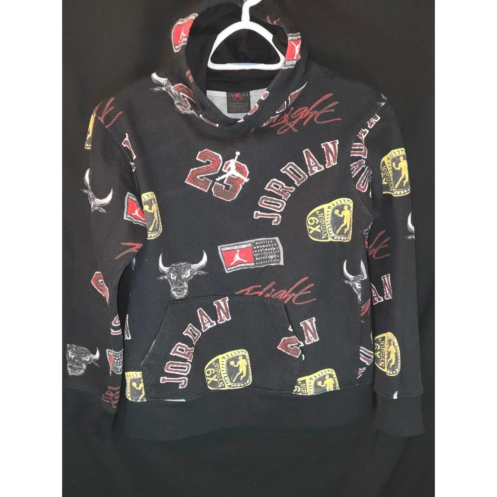 Jordan Youth Black Pullover Hoodie 23 Bulls Logo Jumpman‎ Spellout Size L 12-13