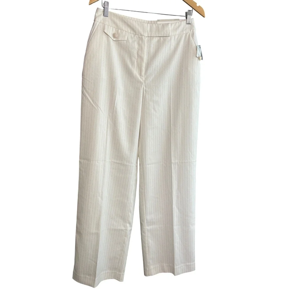 Cato Women White Gold Metallic Pinstripe Wide Leg Old Money Dress Pants Trouser