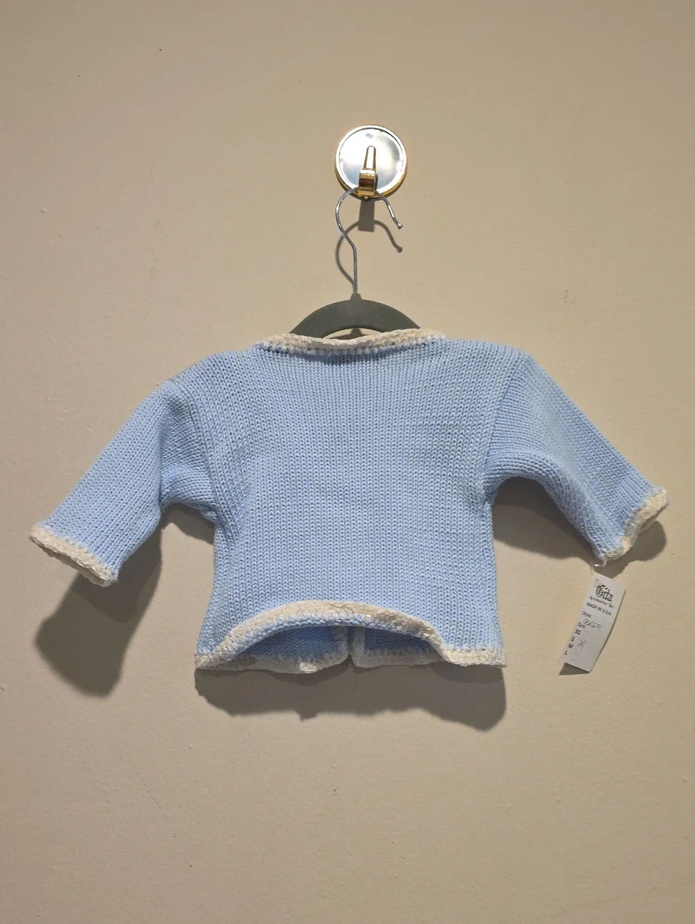 Gita Accessories Light Blue Knit Baby Cardigan with Cream Trim 6- 12 Months