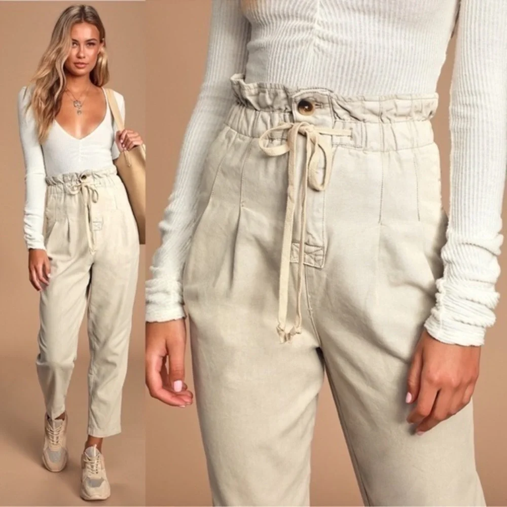 Free People Paperbag Waist Pleated Pants M khaki high rise