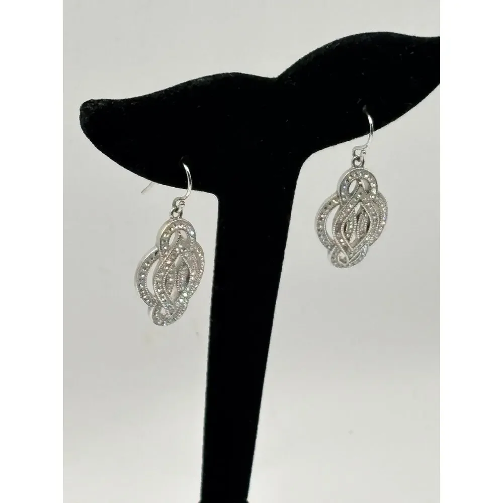 Sterling Silver CZ Fancy Flower‎ Dangle Earrings 6.9g