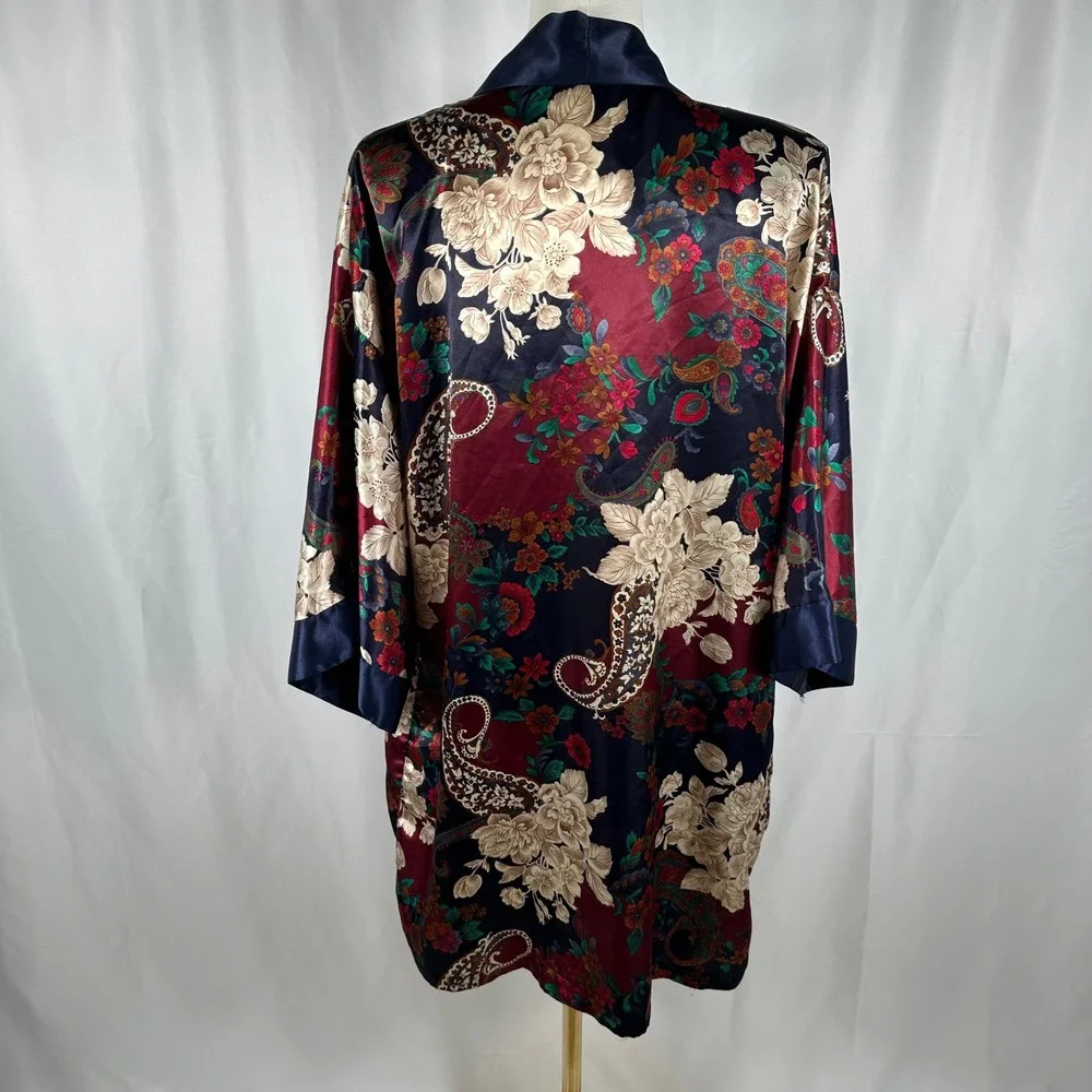 Vintage California Dynasty Silky Robe Large L Floral Paisley Kimono Duster Open