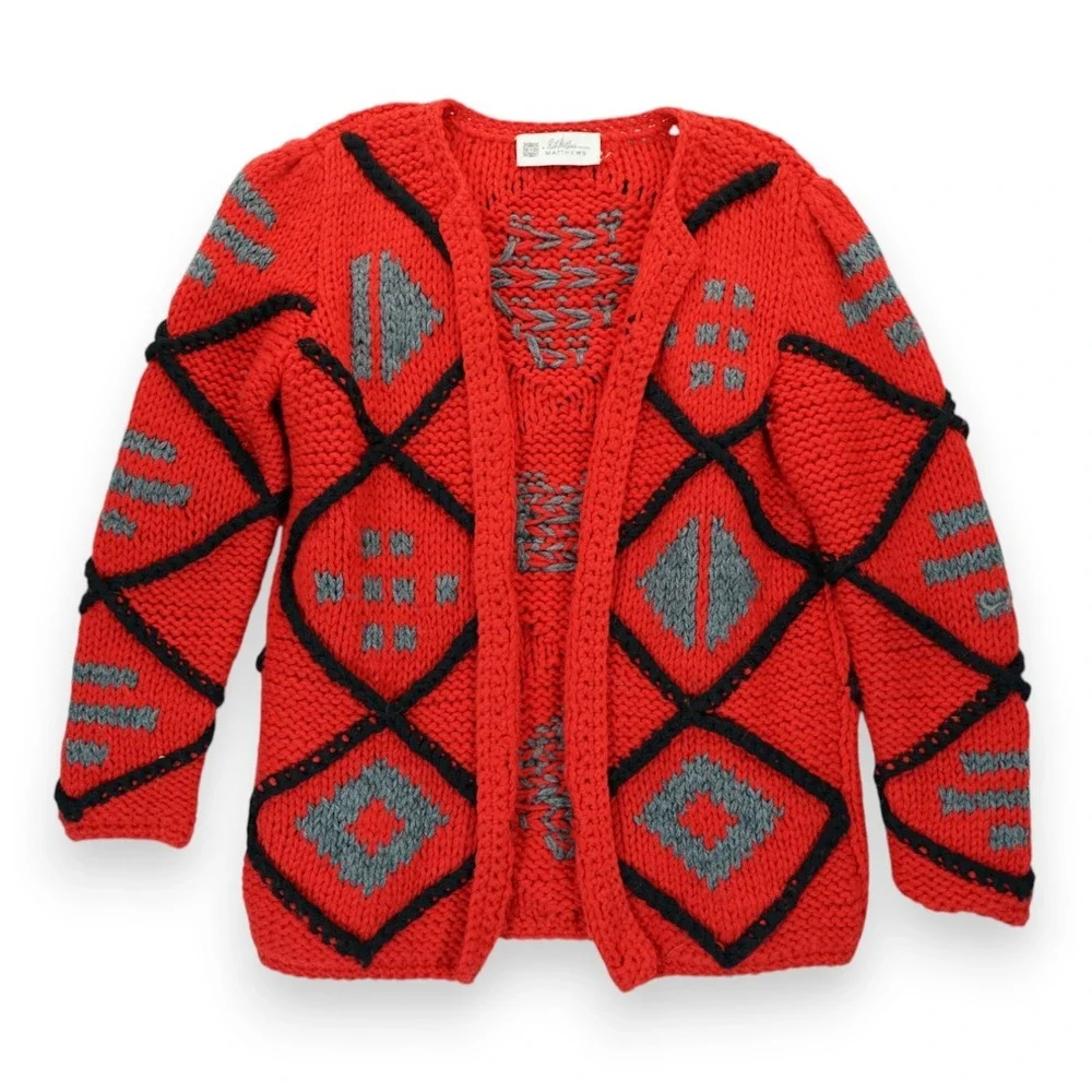 VTG Ruth Matthews Design Open Front Crochet Cardigan‎ ~ Size Small ~ Red