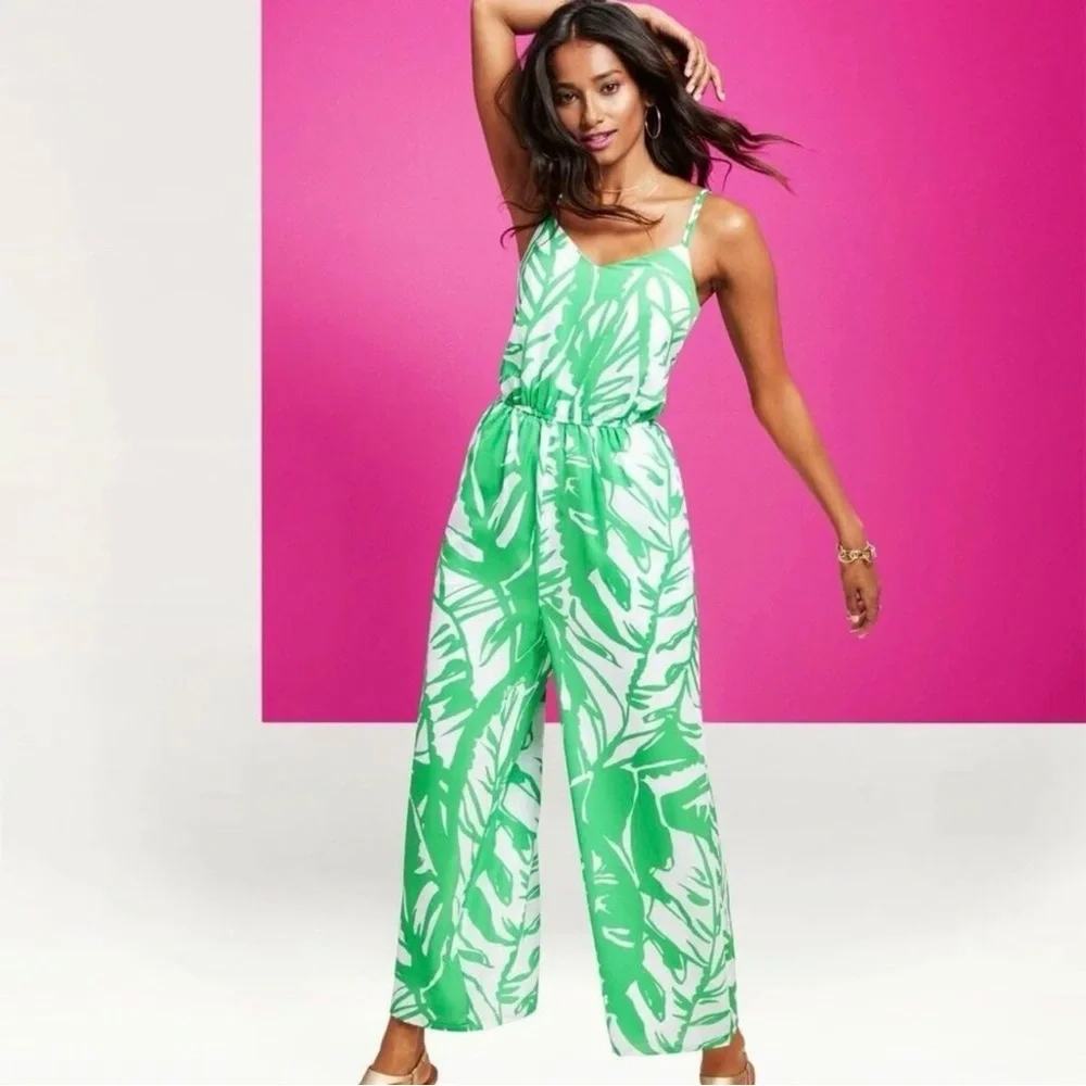 Lilly Pulizter For Target Womens Small‎ Green White Tropical Boom Boom Jumpsuit