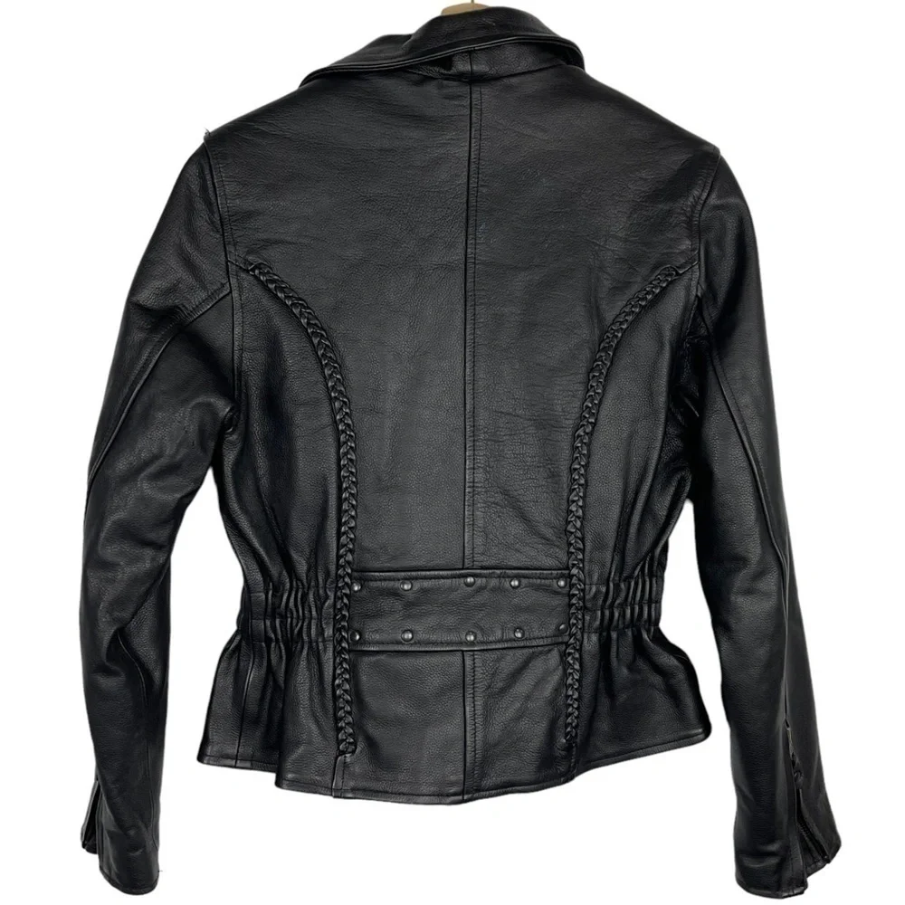 BIKERS DREAM APPAREL HEAVY LEATHER ZIP UP BRAIDED TRIM MOTORCYCLE MOTO JACKET